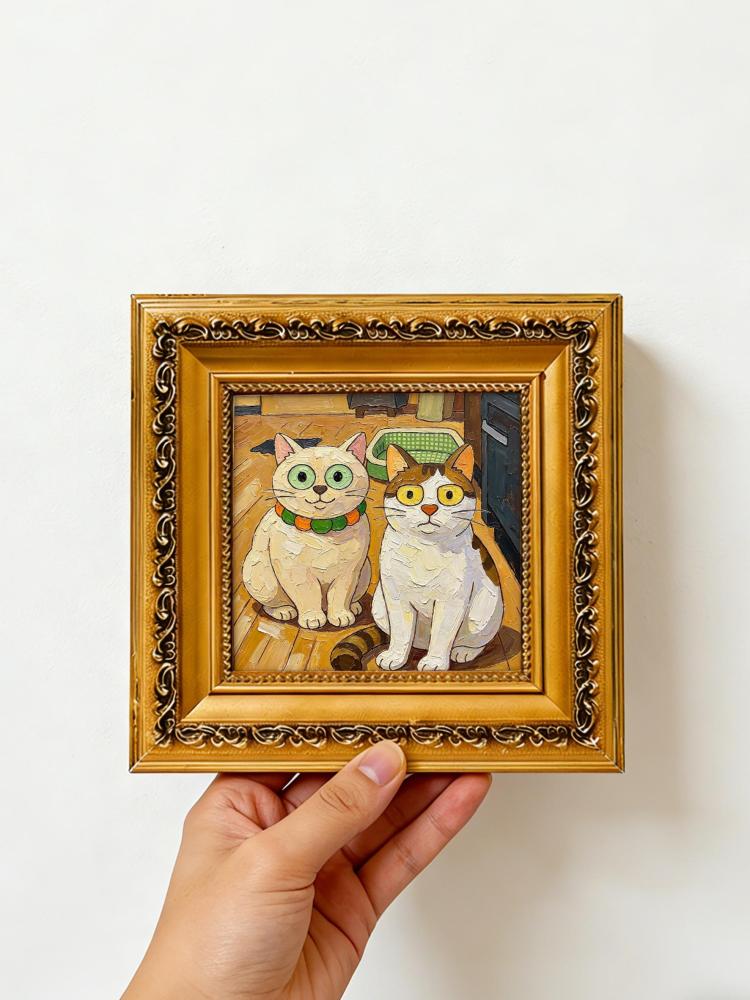 Oil Painting Cat Portrait Framed Two Funny Cats Big Eyes Impasto Solid Wood Frame Mini Desk Wall Decor Animal Lover Gift
