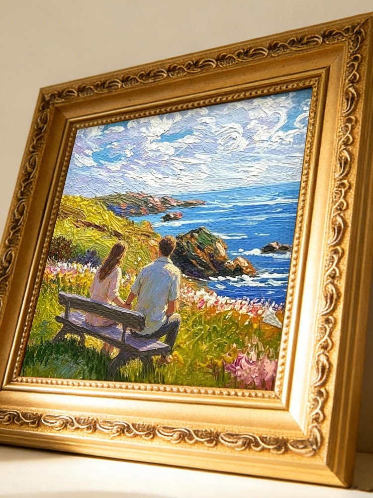 Couple on Bench Coastal Wildflower Cliff Ocean Impressionist Oil Painting Print Romantic Seascape Wall Art