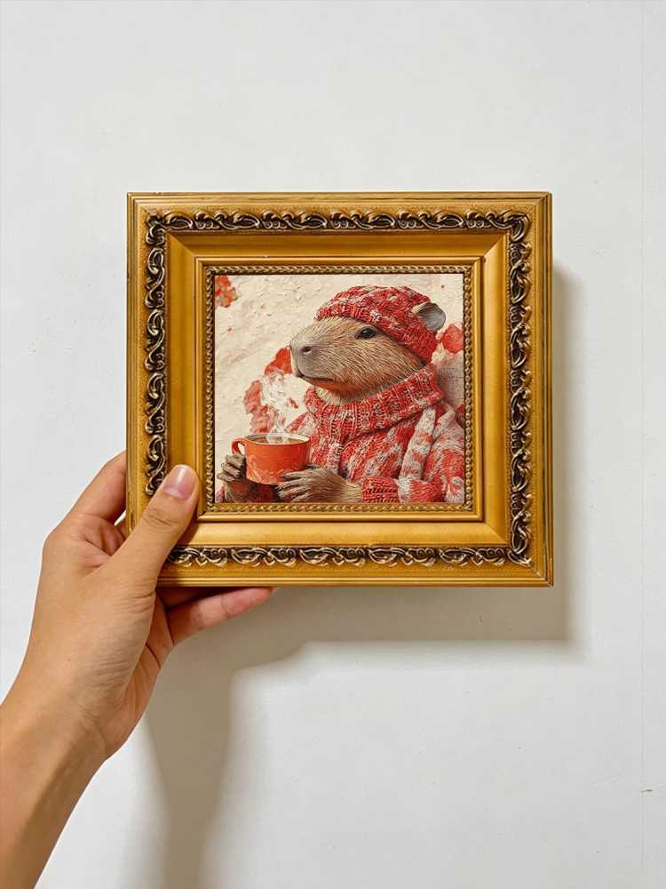 Cozy Capybara Red Knit Sweater Hat Hot Coffee Autumn Fall Oil Painting Print Warm Wall Decor
