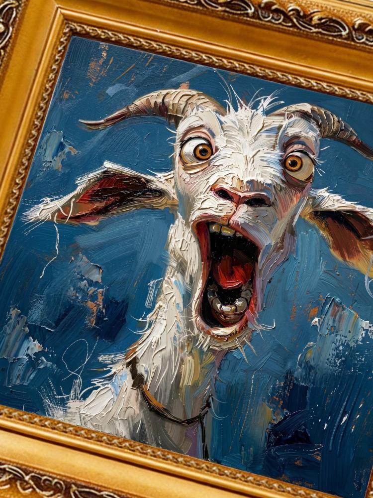 Oil Painting Goat Portrait Framed Shocked Surprised Goat Retro Solid Wood Frame Mini Desk Wall Decor Animal Lover Gift