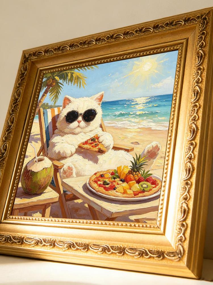 Chubby White Cat Sunglasses Beach Chair Pizza Coconut Tropical Ocean Oil Painting Funny Summer Wall Print