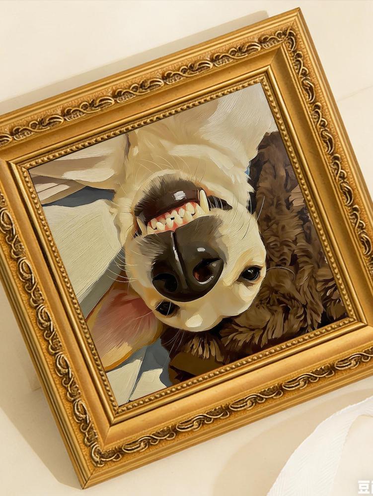 Hand-painted Oil Painting, Playful Dog Art, Framed Wall Decor, Upside-Down Silly Puppy Selfie With Its Teeth Bared