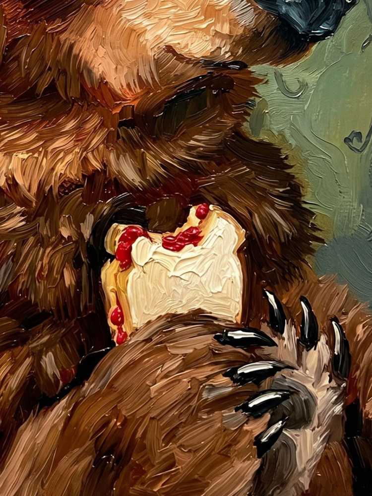 Oil Painting Bear Portrait Framed Cake Eating Bear Retro Solid Wood Frame Mini Desk Wall Decor Animal Lover Gift