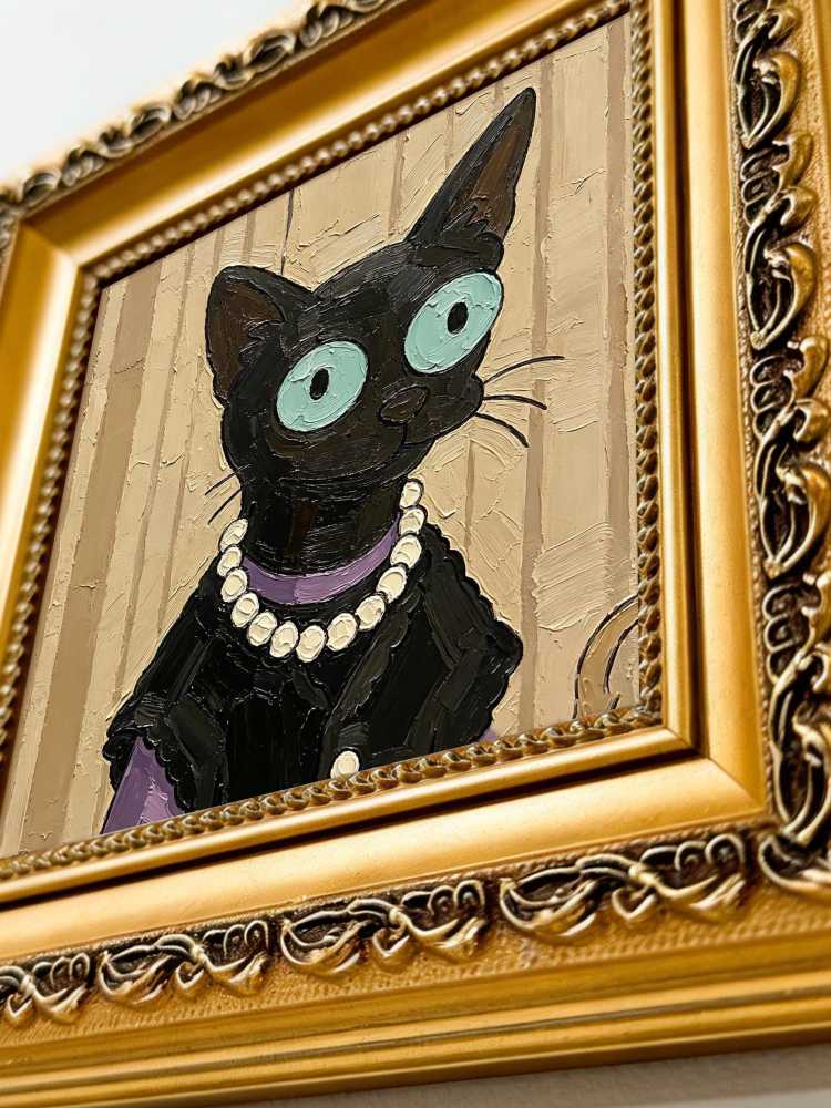 Oil Painting Black Cat Portrait Framed Elegant Lady Pearl Necklace Impasto Solid Wood Frame Mini Desk Wall Decor Gift