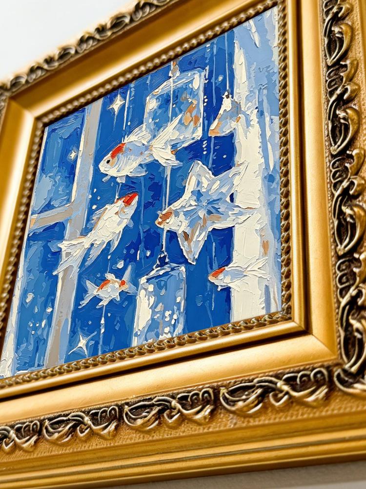 Impasto Goldfish Oil Painting Starry Ocean Scene Framed Solid Wood Ornate Gold Frame Mini Desk Wall Decor Unique Gift