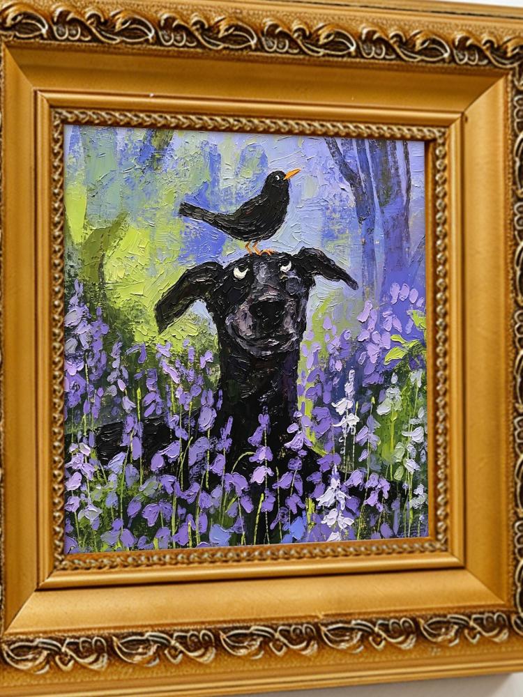 Oil Painting Black Dog Portrait Framed Bird on Head Lavender Field Impasto Solid Wood Gold Frame Mini Desk Wall Decor Gift