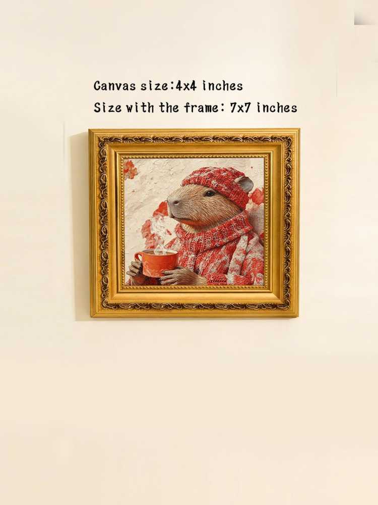 Cozy Capybara Red Knit Sweater Hat Hot Coffee Autumn Fall Oil Painting Print Warm Wall Decor