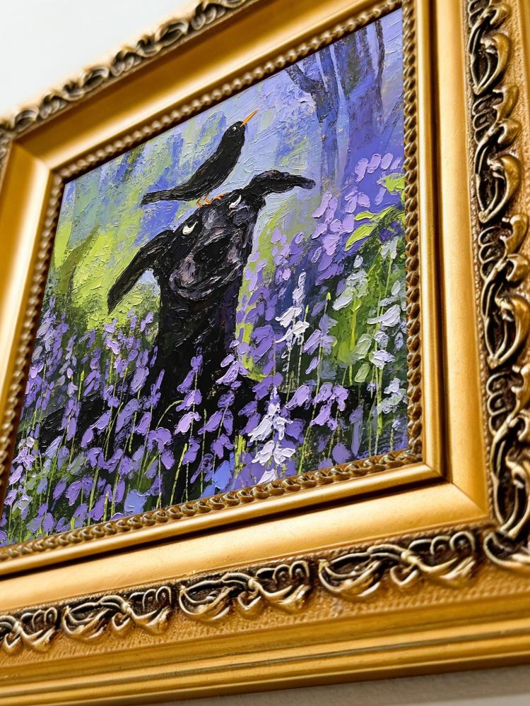 Oil Painting Black Dog Portrait Framed Bird on Head Lavender Field Impasto Solid Wood Gold Frame Mini Desk Wall Decor Gift