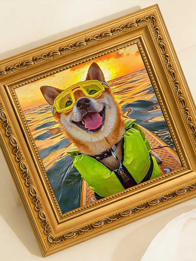Happy Shiba Inu Dog Yellow Swim Goggles Life Jacket Sunset Ocean Oil Painting Summer Surf Wall Print
