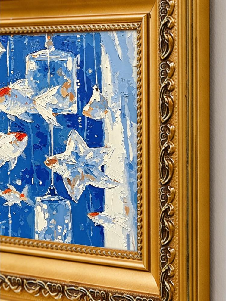 Impasto Goldfish Oil Painting Starry Ocean Scene Framed Solid Wood Ornate Gold Frame Mini Desk Wall Decor Unique Gift