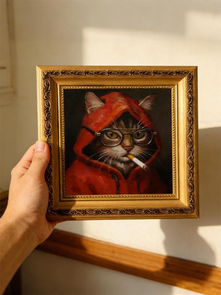 Original Hand Painted Smoking Cat Oil Painting, Gold Framed Art, Cool Cat Lover Gift, Whimsical Wall Decor