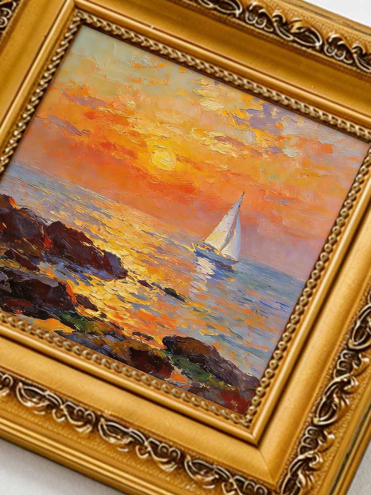 Original Hand-Painted Sailboat Sunset Oil Painting, Framed Coastal Wall Art