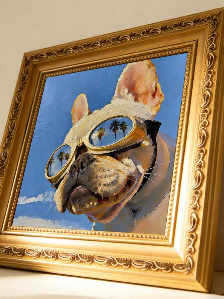 Hand-painted Oil Painting, Original Impasto Art, Framed Wall Decor, Cool French Bulldog in Gold Sunglasses
