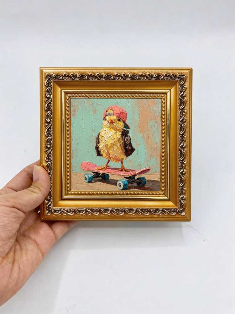 Oil Painting Chick Portrait Framed Skateboard Chick Retro Solid Wood Frame Mini Desk Wall Decor Animal Lover Gift
