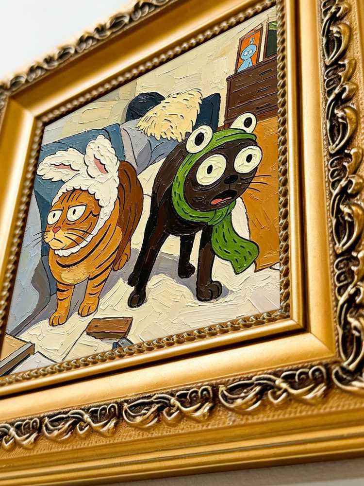Oil Painting Cat Portrait Framed Funny Bunny &amp; Frog Hat Cats Impasto Solid Wood Frame Mini Desk Wall Decor Animal Lover Gift