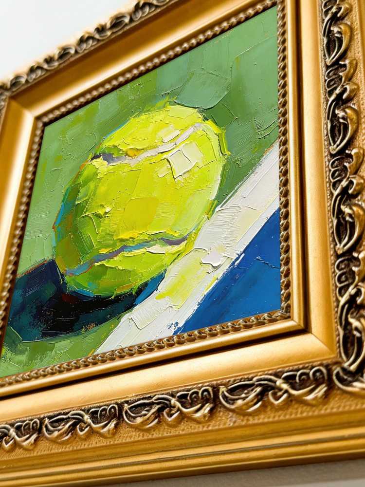 Original Hand-Painted Tennis Ball Oil Painting, Framed Sports Wall Art
