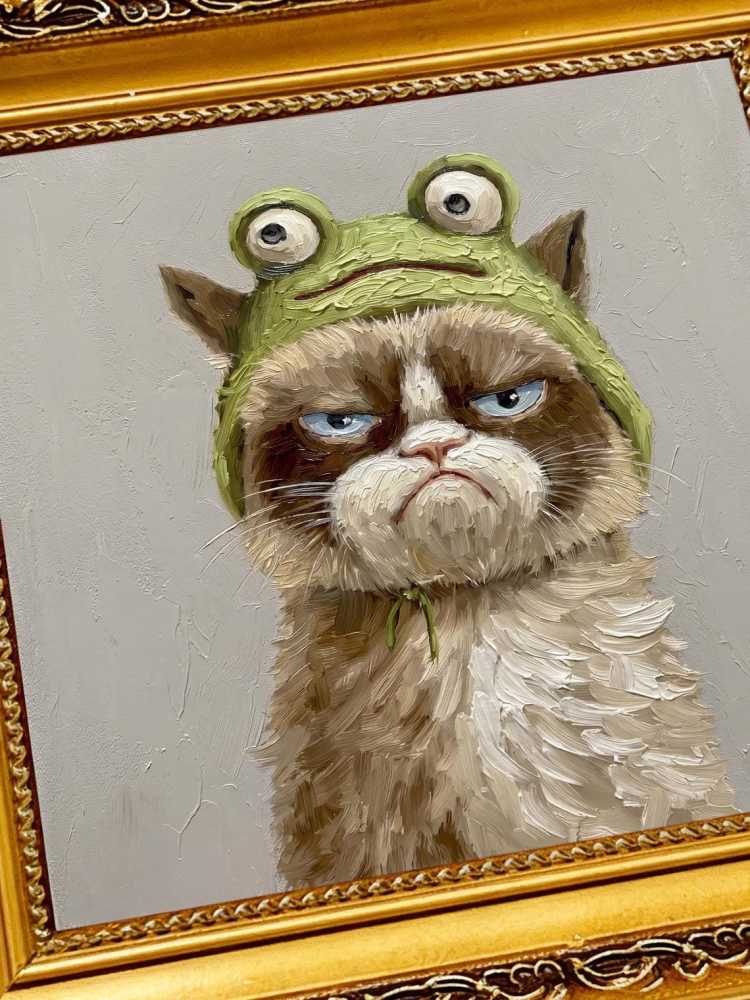 Oil Painting Cat Portrait Framed Grumpy Frog Hat Cat Retro Solid Wood Frame Mini Desk Wall Decor Animal Lover Gift