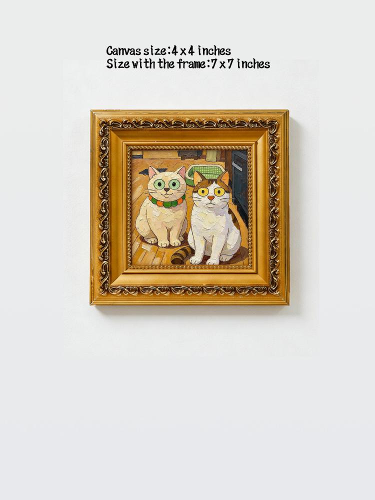 Oil Painting Cat Portrait Framed Two Funny Cats Big Eyes Impasto Solid Wood Frame Mini Desk Wall Decor Animal Lover Gift