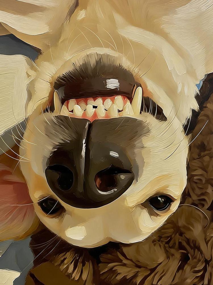 Hand-painted Oil Painting, Playful Dog Art, Framed Wall Decor, Upside-Down Silly Puppy Selfie With Its Teeth Bared