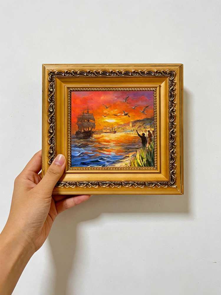 Original Hand Painted Sailing Boat Sunset Oil Painting, Gold Framed  Art, Nautical Wall Decor, Friend Gift