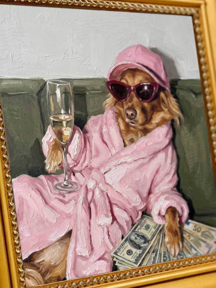 Oil Painting Dog Portrait Framed Wealthy Pup Pink Robe Sunglasses Retro Solid Wood Frame Mini Desk Wall Decor Animal Lover Gift