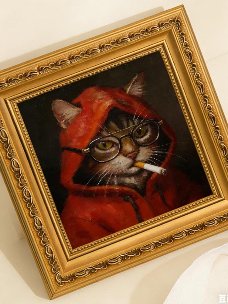 Original Hand Painted Smoking Cat Oil Painting, Gold Framed Art, Cool Cat Lover Gift, Whimsical Wall Decor