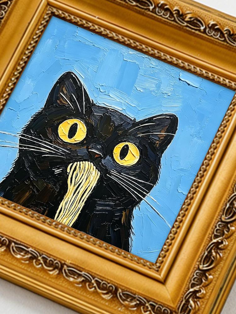 Oil Painting Black Cat Portrait Framed Spaghetti Noodle Cat Impasto Solid Wood Frame Mini Desk Wall Decor Animal Lover Gift