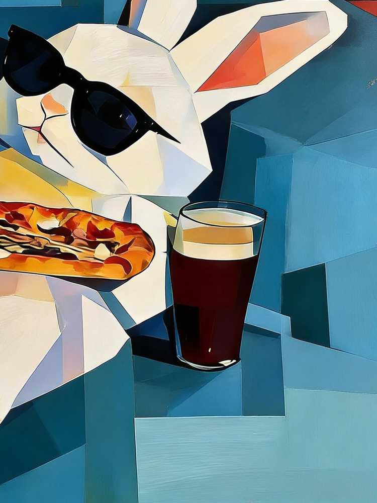 Hand-painted Oil Painting, Cubist Rabbit Art, Framed Wall Decor, Cool Bunny with Sunglasses &amp; Pizza