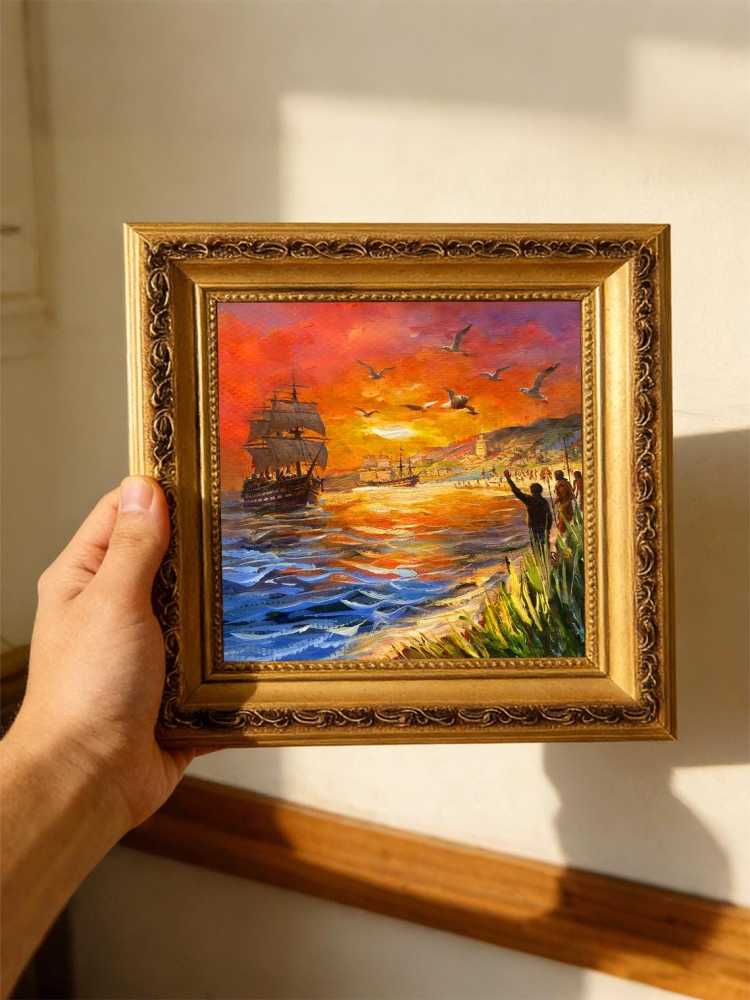 Original Hand Painted Sailing Boat Sunset Oil Painting, Gold Framed  Art, Nautical Wall Decor, Friend Gift