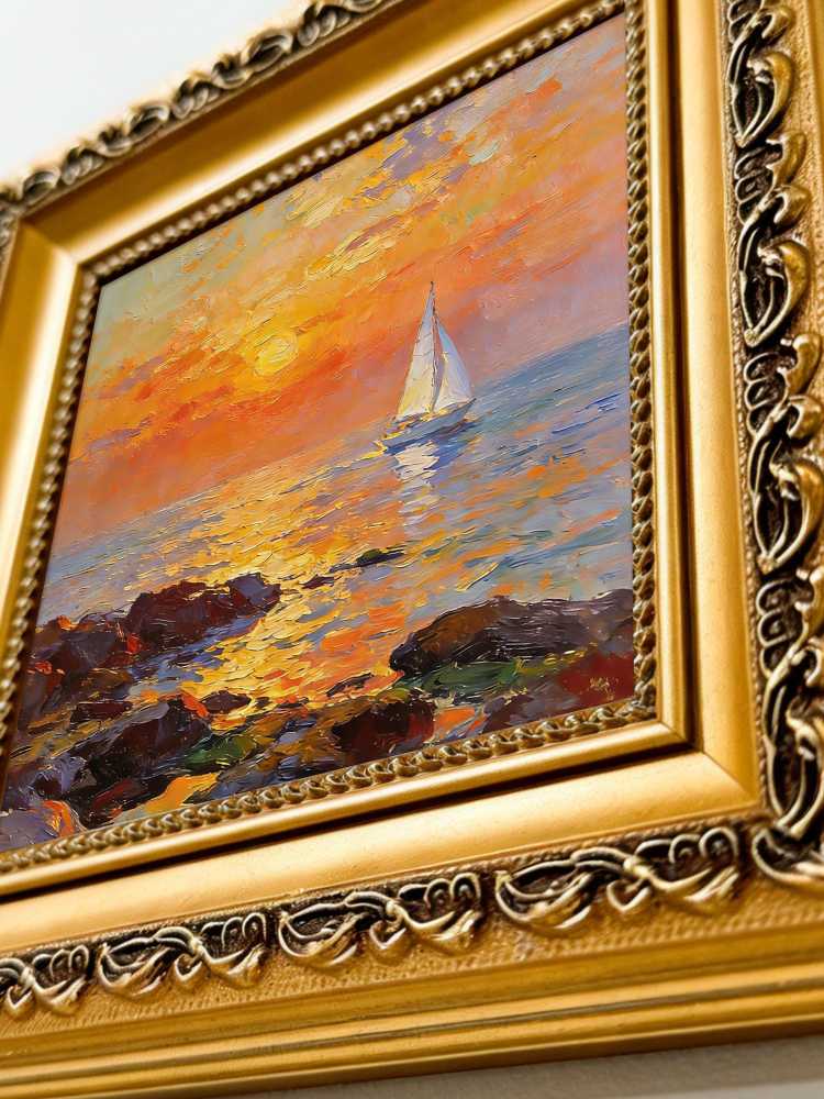 Original Hand-Painted Sailboat Sunset Oil Painting, Framed Coastal Wall Art