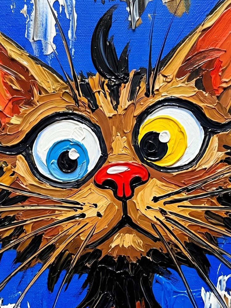 Oil Painting Cat Portrait Framed Big Eyes Heterochromia Retro Solid Wood Frame Mini Desk Wall Decor Animal Lover Gift