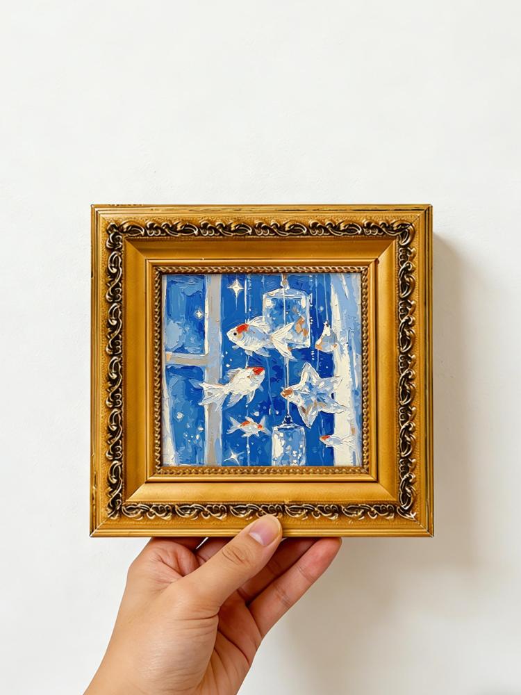 Impasto Goldfish Oil Painting Starry Ocean Scene Framed Solid Wood Ornate Gold Frame Mini Desk Wall Decor Unique Gift