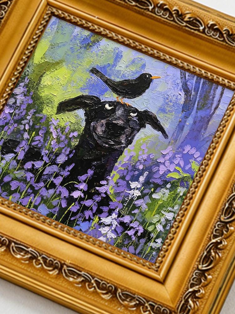 Oil Painting Black Dog Portrait Framed Bird on Head Lavender Field Impasto Solid Wood Gold Frame Mini Desk Wall Decor Gift