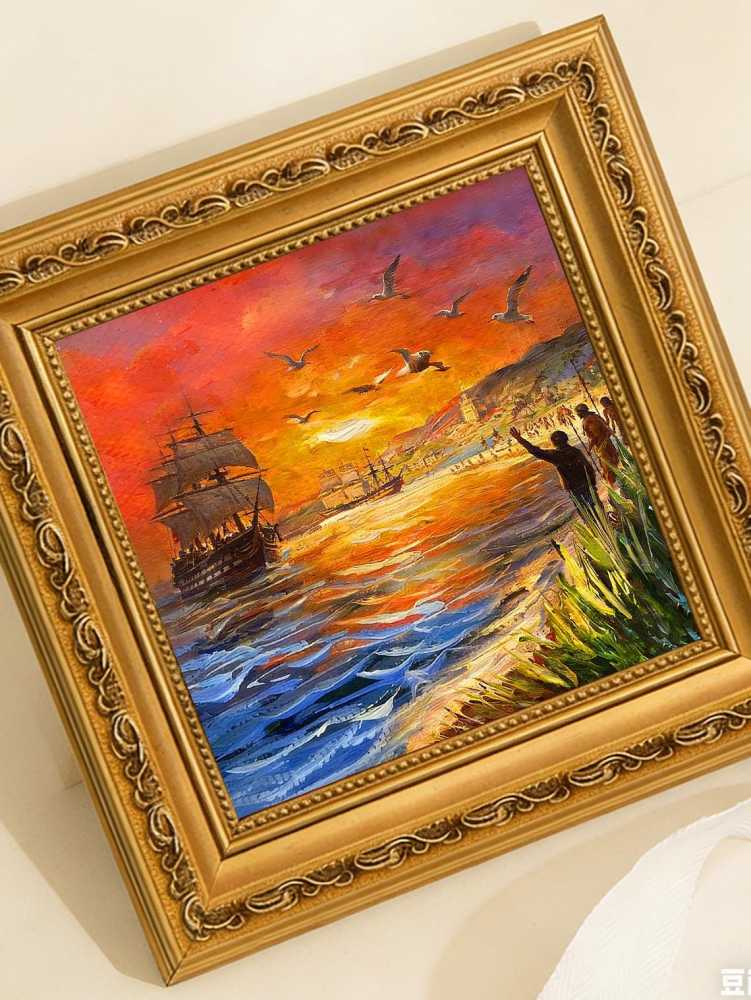 Original Hand Painted Sailing Boat Sunset Oil Painting, Gold Framed  Art, Nautical Wall Decor, Friend Gift