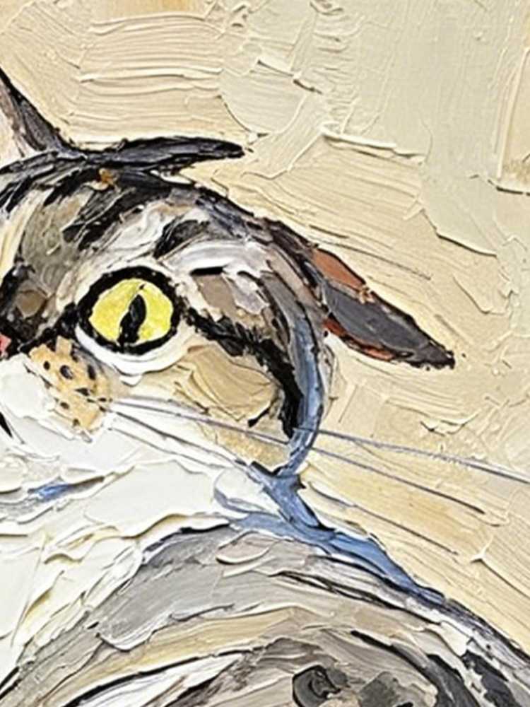 Oil Painting Tabby Cat Portrait Framed Curious Cat on Yellow Chair Impasto Solid Wood Frame Mini Desk Wall Decor Gift