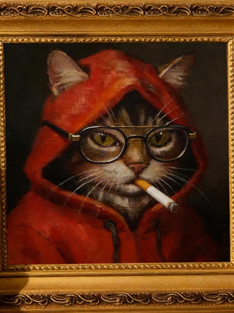 Original Hand Painted Smoking Cat Oil Painting, Gold Framed Art, Cool Cat Lover Gift, Whimsical Wall Decor