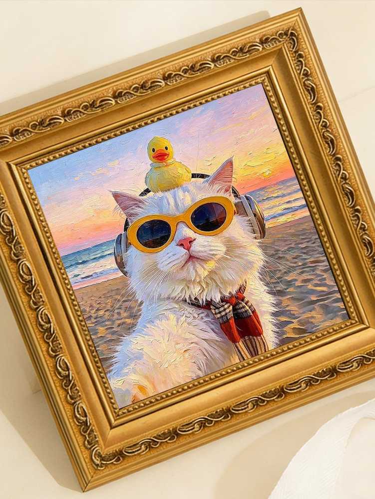 Cool White Fluffy Cat Yellow Sunglasses Headphones Rubber Duck Beach Sunset Oil Painting Funny Wall Print