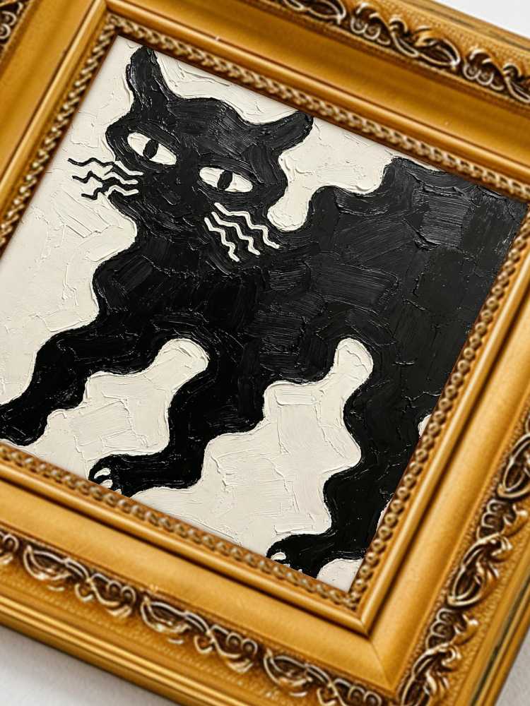 Impasto Black Cat Painting Framed Minimalist Wavy Whiskers Retro Solid Wood Gold Frame Mini Desk Wall Decor Gift