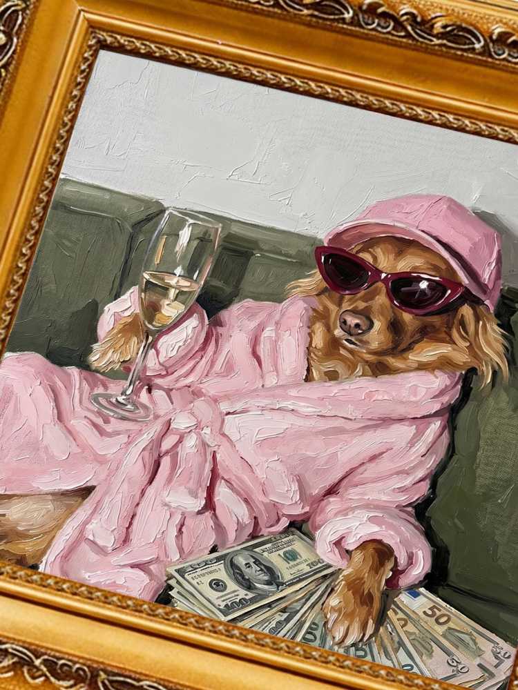 Oil Painting Dog Portrait Framed Wealthy Pup Pink Robe Sunglasses Retro Solid Wood Frame Mini Desk Wall Decor Animal Lover Gift
