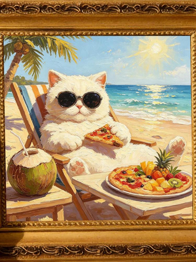 Chubby White Cat Sunglasses Beach Chair Pizza Coconut Tropical Ocean Oil Painting Funny Summer Wall Print