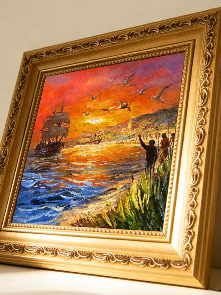 Original Hand Painted Sailing Boat Sunset Oil Painting, Gold Framed  Art, Nautical Wall Decor, Friend Gift