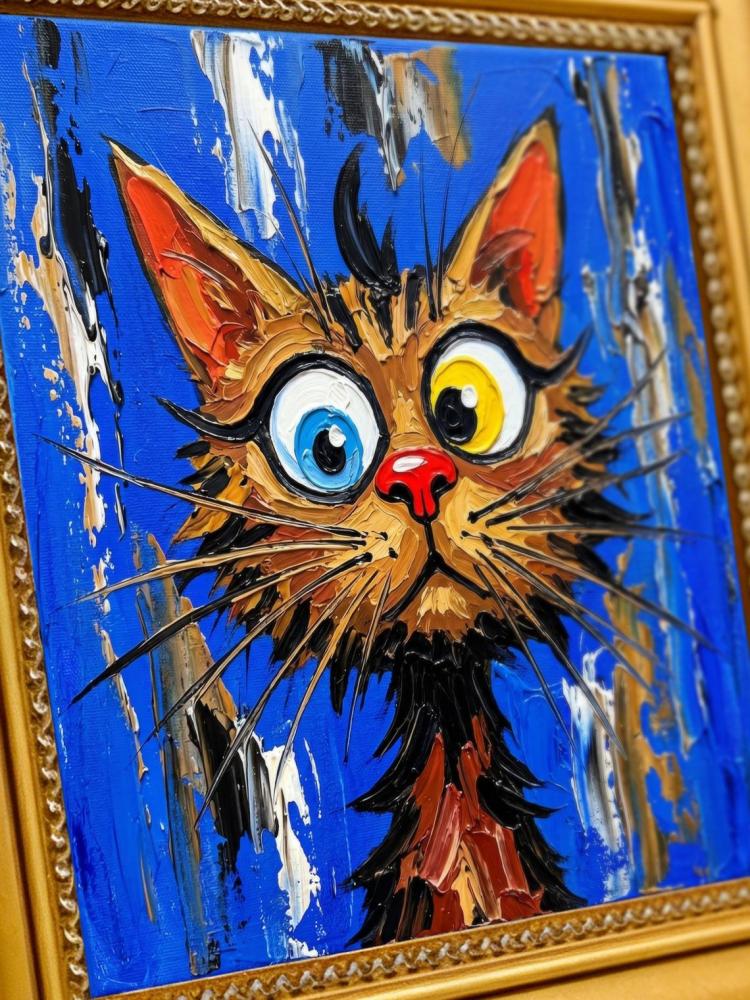 Oil Painting Cat Portrait Framed Big Eyes Heterochromia Retro Solid Wood Frame Mini Desk Wall Decor Animal Lover Gift