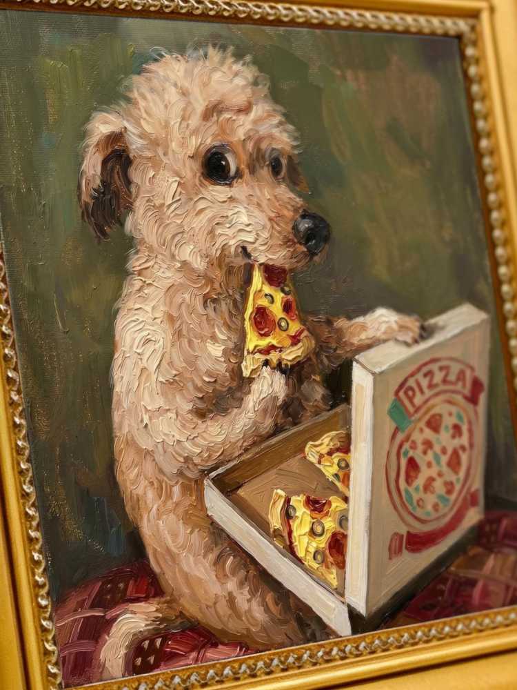 Oil Painting Dog Portrait Framed Pizza Eating Pup Retro Solid Wood Frame Mini Desk Wall Decor Animal Lover Gift