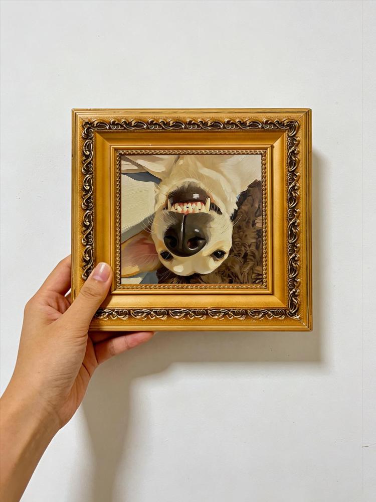 Hand-painted Oil Painting, Playful Dog Art, Framed Wall Decor, Upside-Down Silly Puppy Selfie With Its Teeth Bared