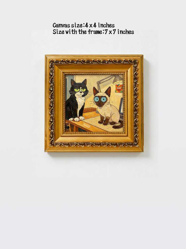 Oil Painting Animal Portrait Framed Whimsical Retro Solid Wood Frame Mini Desk Wall Decor Pet Lover Gift