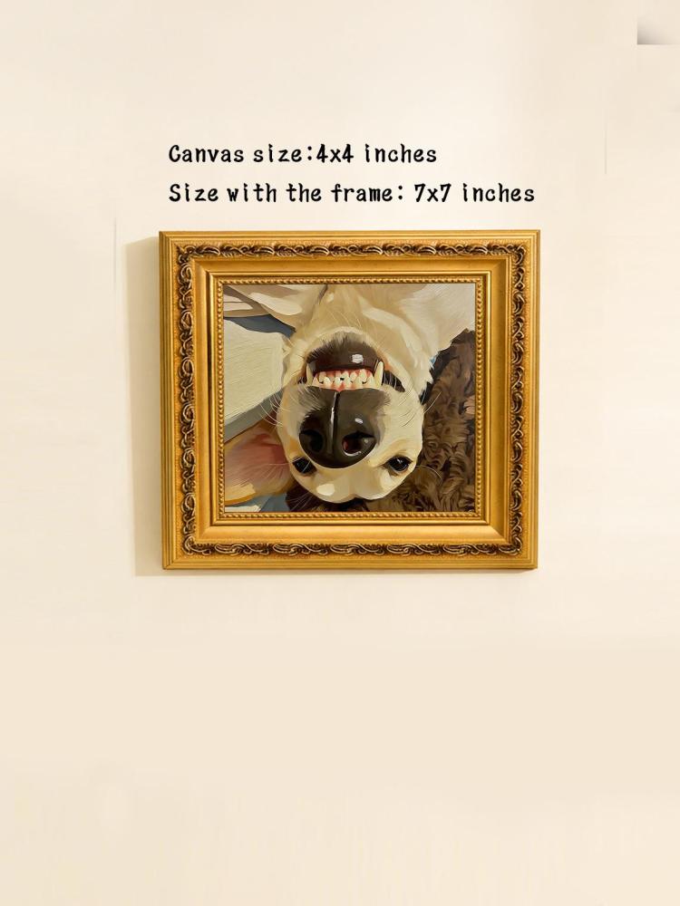 Hand-painted Oil Painting, Playful Dog Art, Framed Wall Decor, Upside-Down Silly Puppy Selfie With Its Teeth Bared