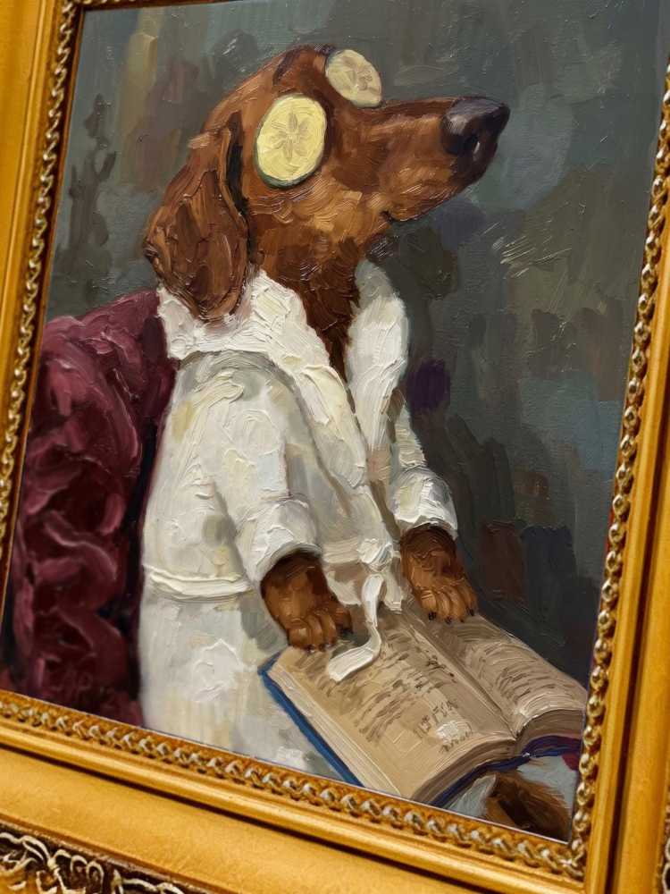 Oil Painting Dog Portrait Framed Spa Dachshund Cucumber Robe Reading Book Retro Solid Wood Frame Mini Desk Wall Decor Gift