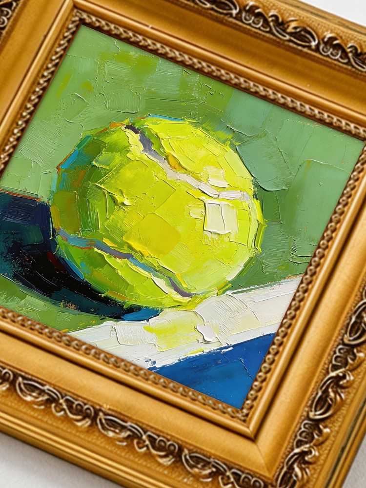 Original Hand-Painted Tennis Ball Oil Painting, Framed Sports Wall Art