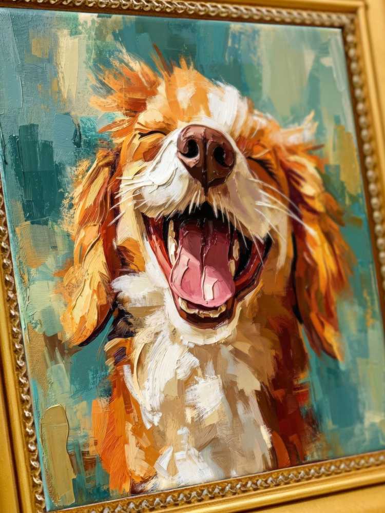 Oil Painting Dog Portrait Framed Laughing Happy Golden Retriever Impasto Solid Wood Frame Mini Desk Wall Decor Animal Lover Gift