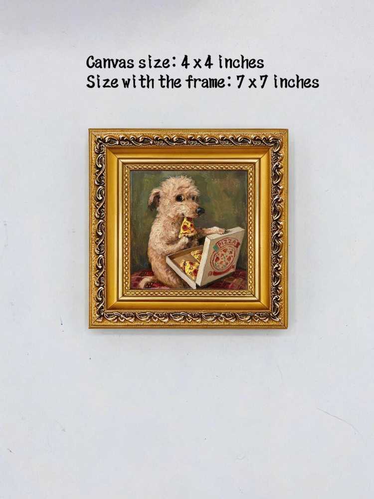 Oil Painting Dog Portrait Framed Pizza Eating Pup Retro Solid Wood Frame Mini Desk Wall Decor Animal Lover Gift